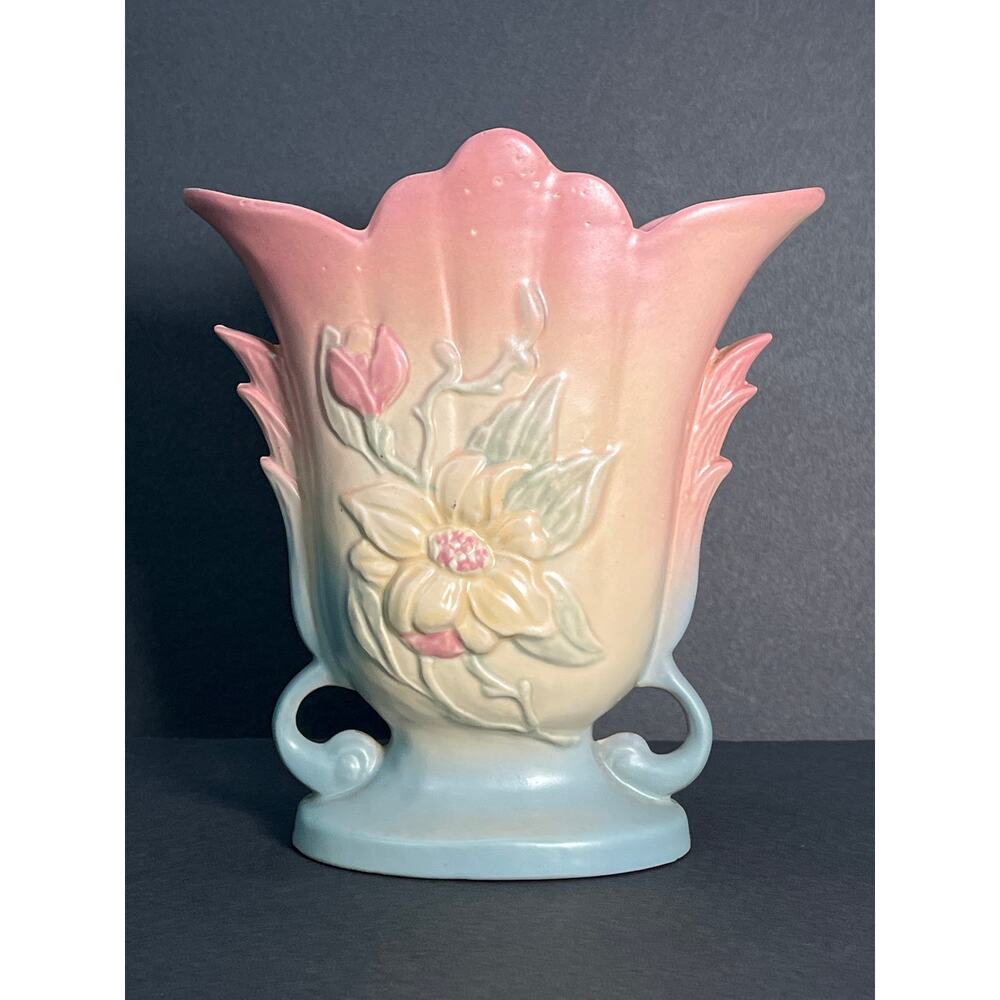 Vintage Hull Art Pottery Vase Magnolia Pink Aqua Matte Cottage Decor 40s